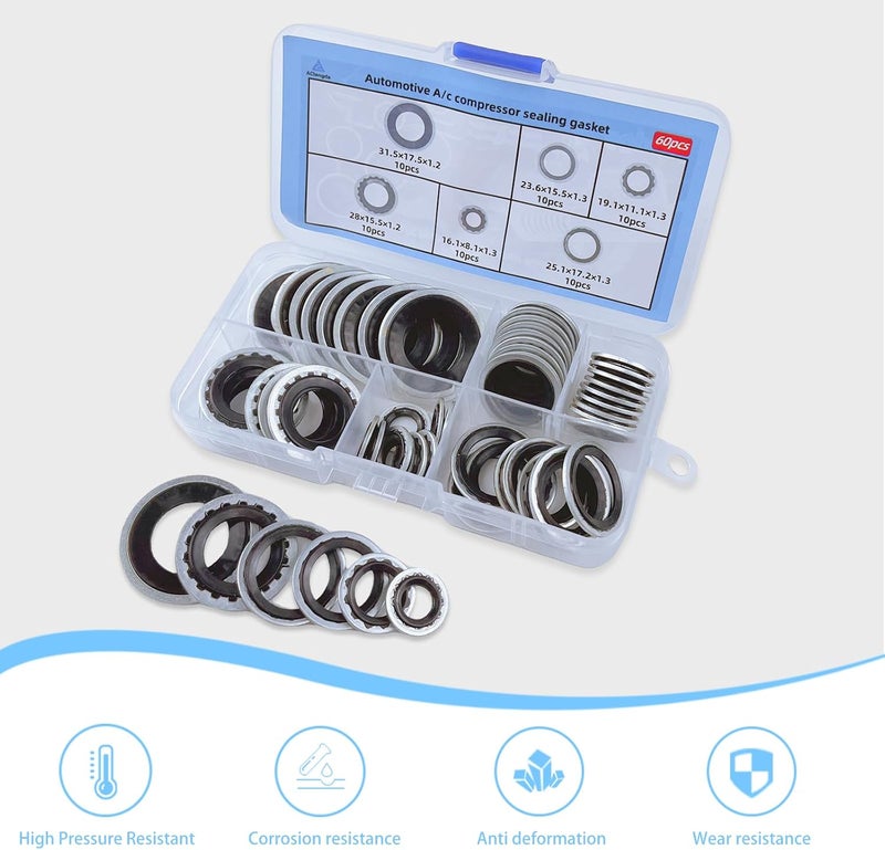 AClengda 60pcs automotive A/C system compressor gasket seal, Air Conditioner Compressor Port Seal Gasket Kit Bonded Gasket Seal Assortment Set (60 pcs) - Image 5
